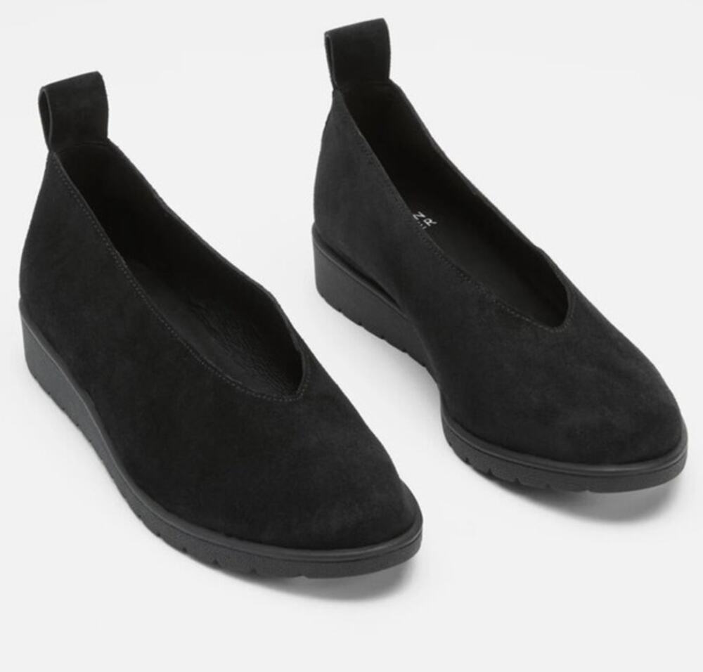 Eileen Fisher Humor Wedge Ballet Flat Womens Size 7.5 Lagenlook Black Suede